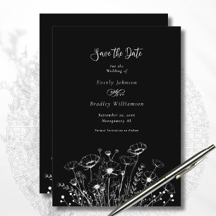 Dark Black White Wildflower Save the Date Wedding Invitation