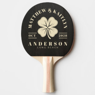 Dark Black Wood Irish Clover Wedding Crest Ping Pong Paddle