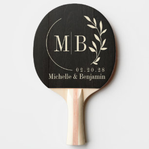 Dark Black Wood Leaf Wedding Monogram Ping Pong Paddle