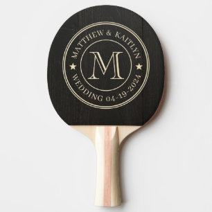 Dark Black Wood Wedding Monogram Star Ping Pong Paddle