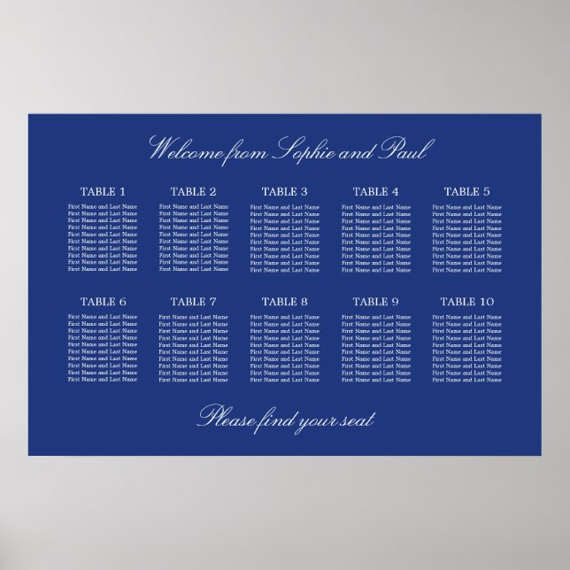 Dark Blue 10 Table Wedding Seating Chart Poster (Front)