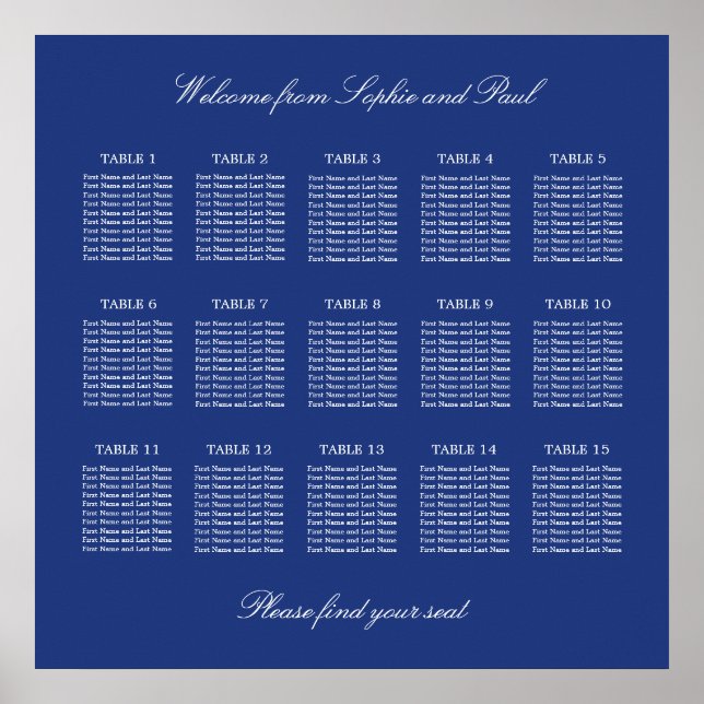 Dark Blue 15 Table Wedding Seating Chart Poster (Front)