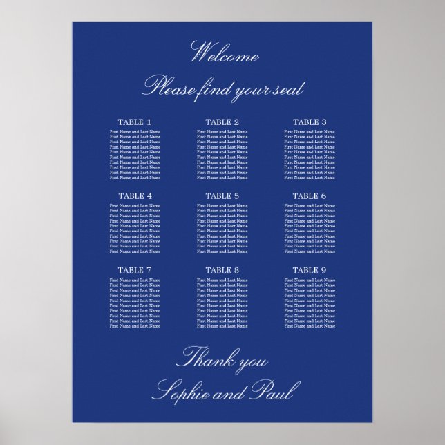 Dark Blue 9 Table Wedding Seating Chart Poster (Front)