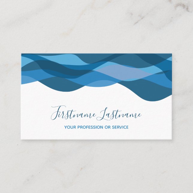 Dark blue abstract waves calligraphy business card (Front)