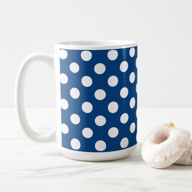 Dark Blue And Big White Polka Dots Coffee Mug (With Donut)