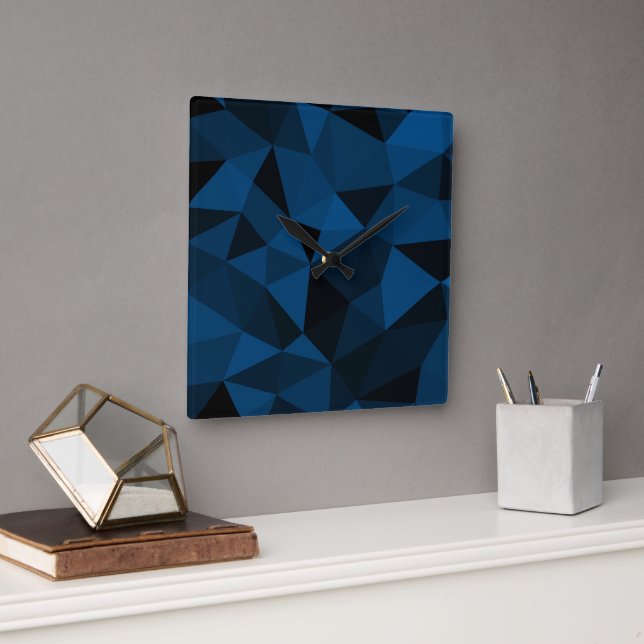 Dark blue and black geometric mesh pattern square wall clock (Office)