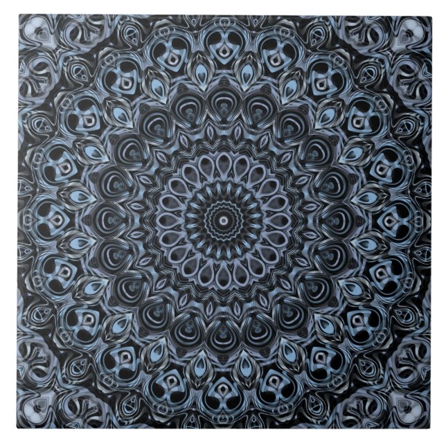 Dark Blue and Black Mandala Pattern Design Ceramic Tile (Front)