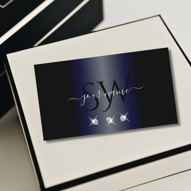 Dark Blue and Black Sparkling Diamonds Monogram Business Card (Creator Uploaded)