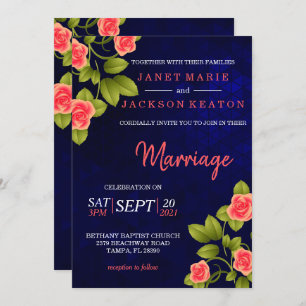 Dark Blue and Coral Rose Flower Invitation