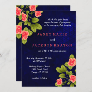 Dark Blue and Coral Rose Flower Wedding Invitation