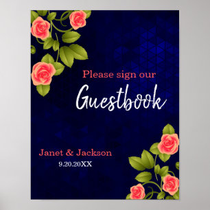 Dark Blue and Coral Rose Guestbook Sign