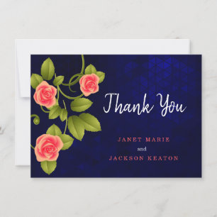 Dark Blue and Coral Rose Wedding Thank You Card