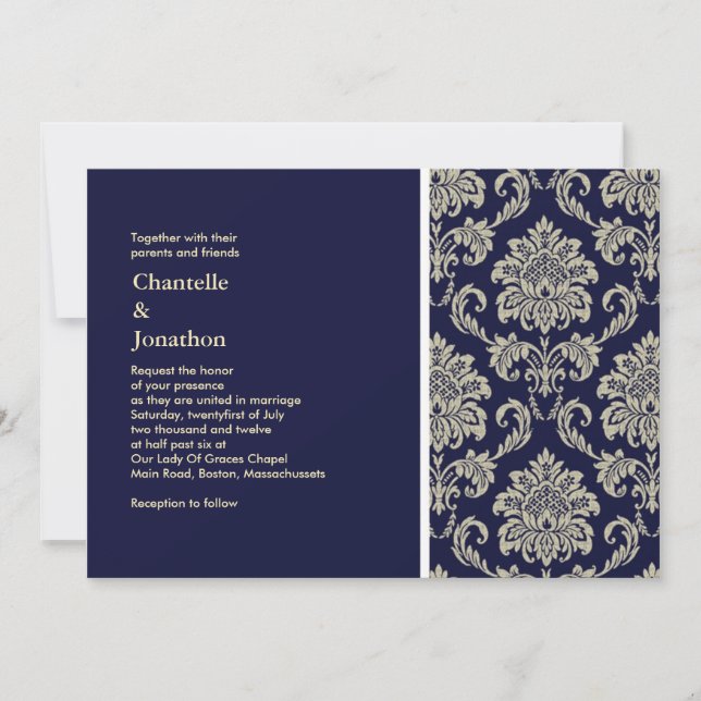 Dark Blue and Cream Damask Wedding Invitation (Front)