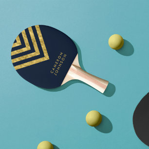 Dark Blue and Faux Gold Chevron Ping Pong Paddle