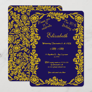 Dark Blue and Gold Botanical Floral 30th Birthday Invitation