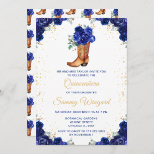 Dark Blue and Gold Floral Cowboy Boot Quinceañera Invitation