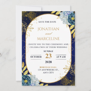 Dark blue and Gold floral wedding invitation