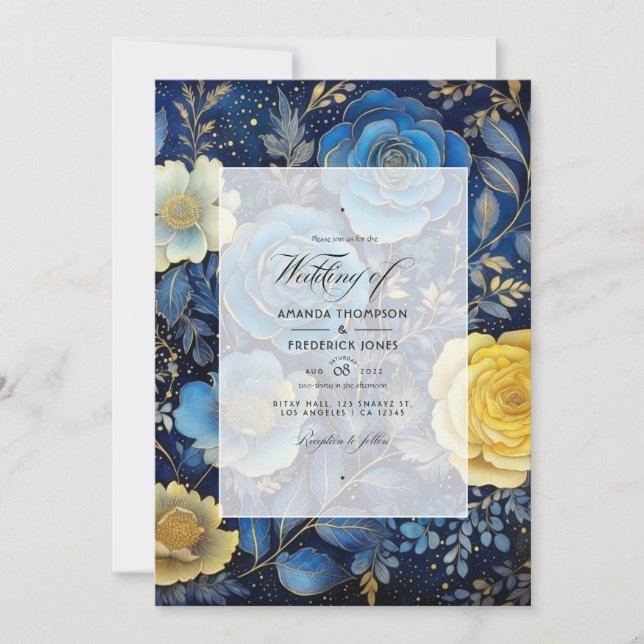 Dark Blue and Gold Floral Wedding Invitation (Front)