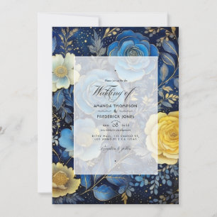Dark Blue and Gold Floral Wedding Invitation