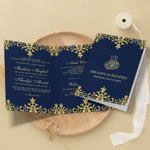 Dark Blue and Gold Foil Damask Islamic Wedding Invitation