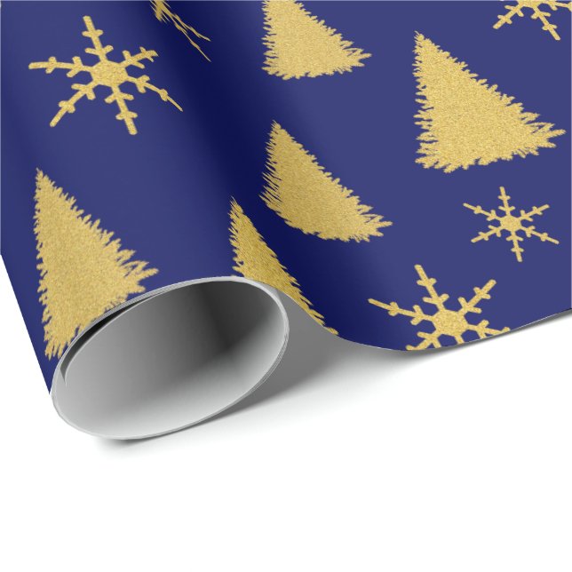 Dark Blue and Gold Glitter Christmas Tree Pattern Wrapping Paper (Roll Corner)