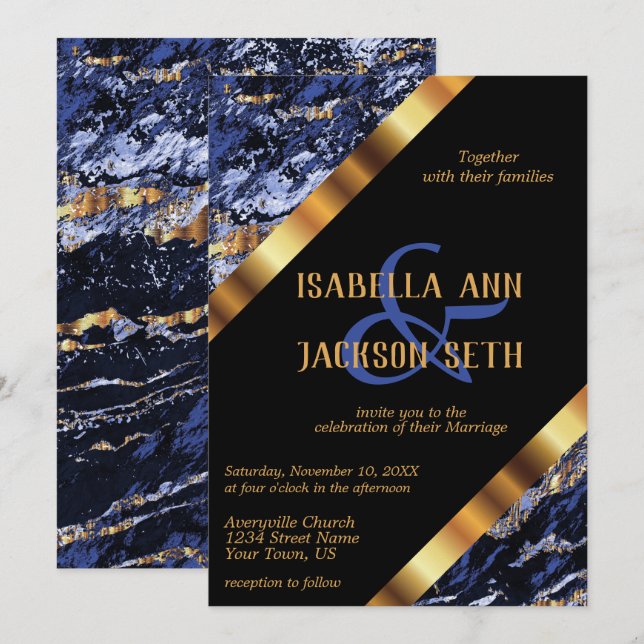 Dark Blue and Gold Marble Invitation (Front/Back)