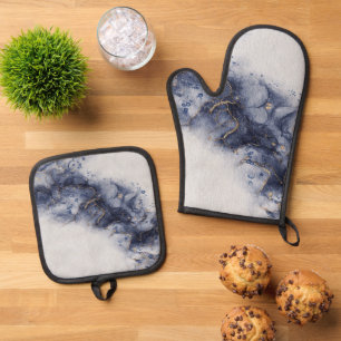 Dark blue and gold watercolor ink marks oven mitt & pot holder set