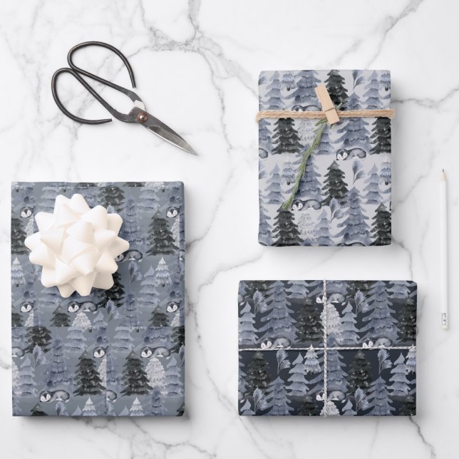Dark Blue and Grey Christmas Trees Wrapping Paper Sheet (Front)