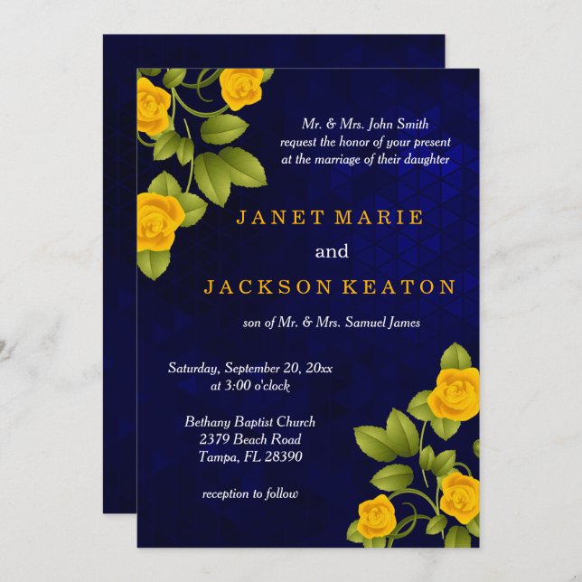 Dark Blue and Marigold Yellow Rose Wedding Invitation (Front/Back)
