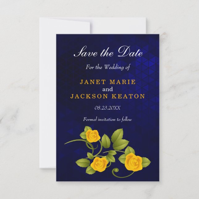 Dark Blue and Marigold Yellow Rose Wedding Save The Date (Front)