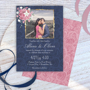 Dark Blue and Mauve Pink, Gold Frame Wedding Invitation