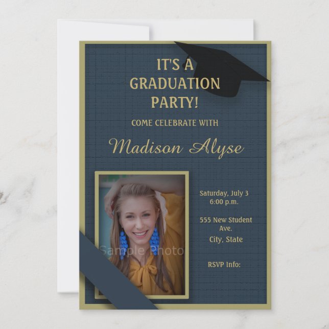 Dark Blue and Moss Green Graduation Party Photo Invitation (Front)