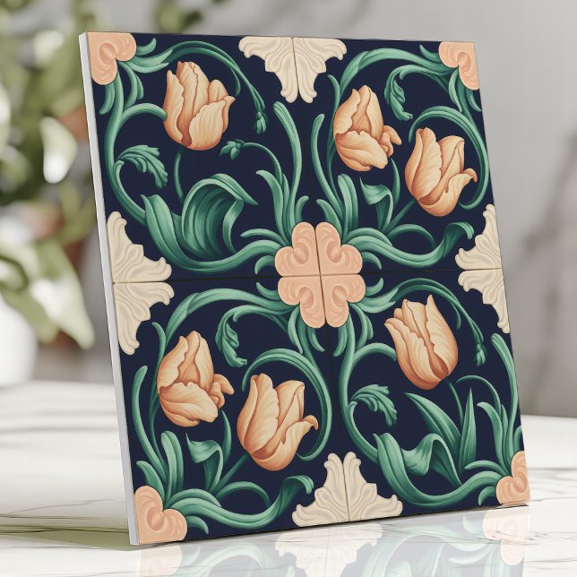 Dark Blue and Peach Arts and Crafts Tulip Ceramic Tile (Creator Uploaded)