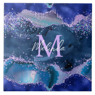 Dark Blue and Purple Glitter Ocean Agate Ceramic Tile