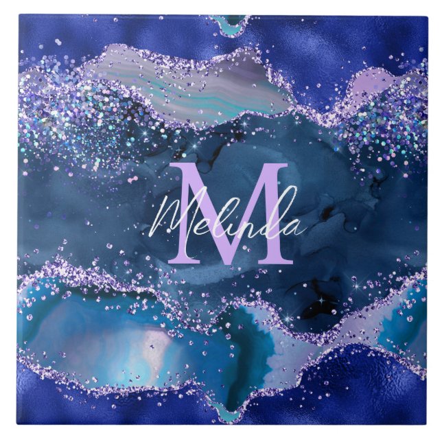 Dark Blue and Purple Glitter Ocean Agate Ceramic Tile (Front)