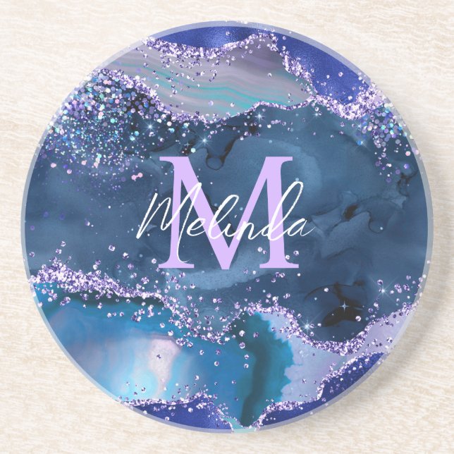 Dark Blue and Purple Glitter Ocean Agate Coaster (Front)