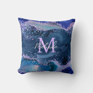 Dark Blue and Purple Glitter Ocean Agate Cushion