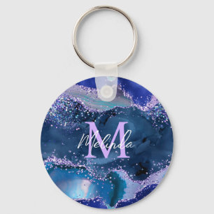 Dark Blue and Purple Glitter Ocean Agate Key Ring