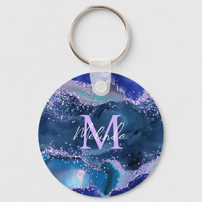 Dark Blue and Purple Glitter Ocean Agate Key Ring (Front)