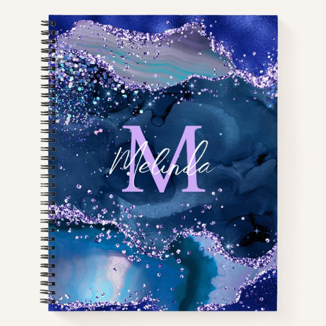 Dark Blue and Purple Glitter Ocean Agate Notebook (Front)