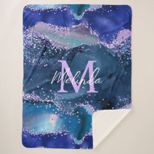 Dark Blue and Purple Glitter Ocean Agate Sherpa Blanket
