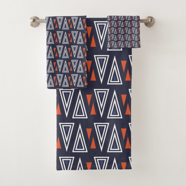 Dark Blue and Red Geometric Triangles Pattern Bath Towel Set (Insitu)