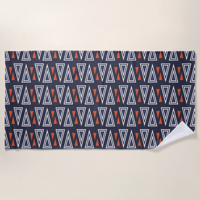 Dark Blue and Red Geometric Triangles Pattern Beach Towel (Front)