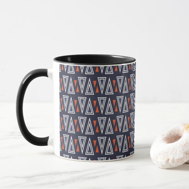 Dark Blue and Red Geometric Triangles Pattern Mug (With Donut)