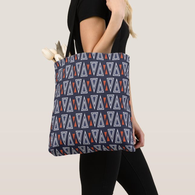 Dark Blue and Red Geometric Triangles Pattern Tote Bag (Close Up)