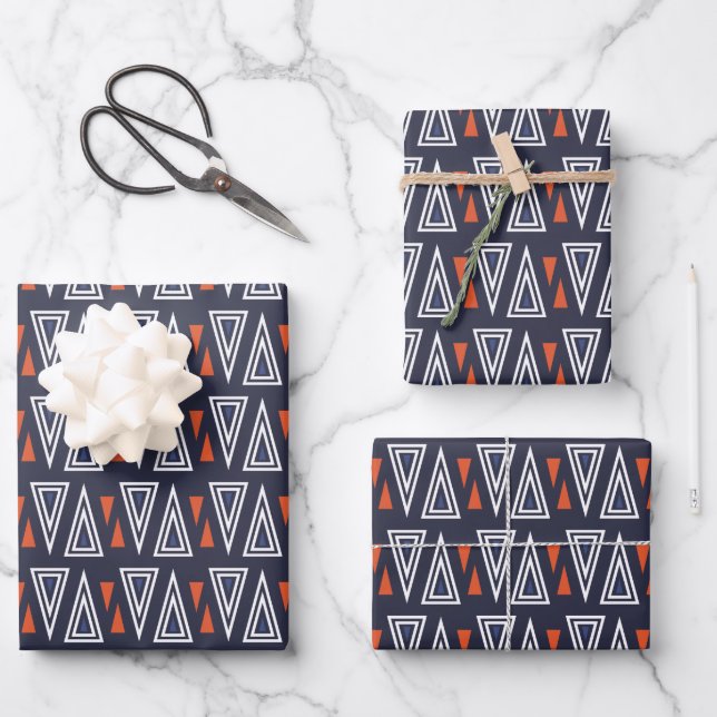 Dark Blue and Red Geometric Triangles Pattern Wrapping Paper Sheet (Front)