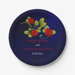 Dark Blue and Red Rose Wedding Paper Plate