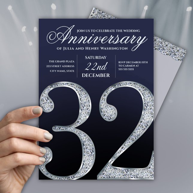 Dark Blue and Silver 32nd Wedding Anniversary  Invitation (Creator Uploaded)