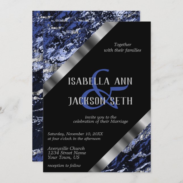 Dark Blue and Silver Marble Invitation (Front/Back)