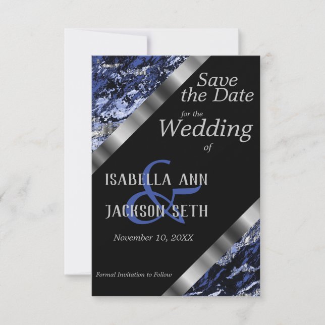 Dark Blue and Silver Marble Wedding Save The Date (Front)